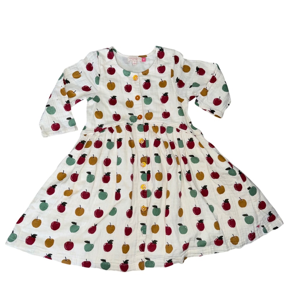 Pink Chicken Apple Print Dress Kids 7Y Cream Good Cotton Gauze Button Front